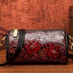 Floral Embossed Leather Shoulder Bag - Red and Black